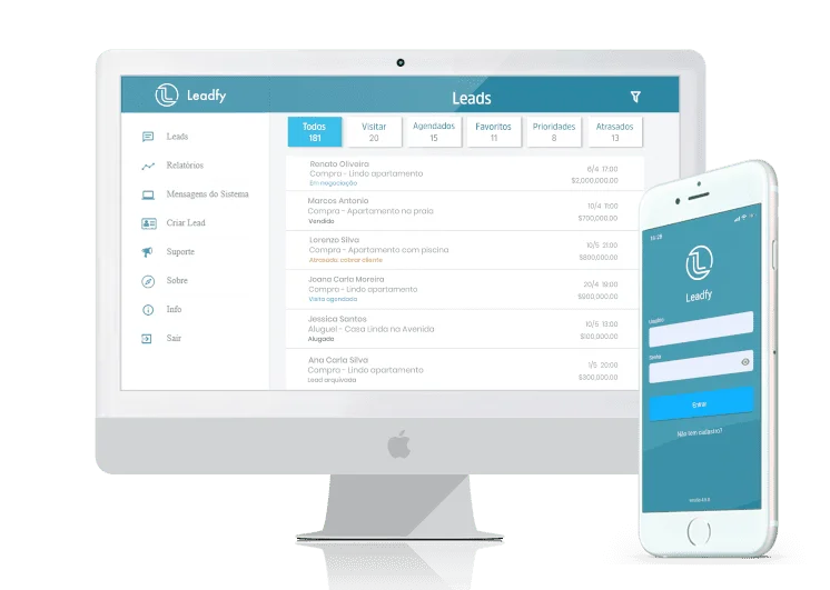 Gestor de leads Leadfy nas plataformas desktop e mobile